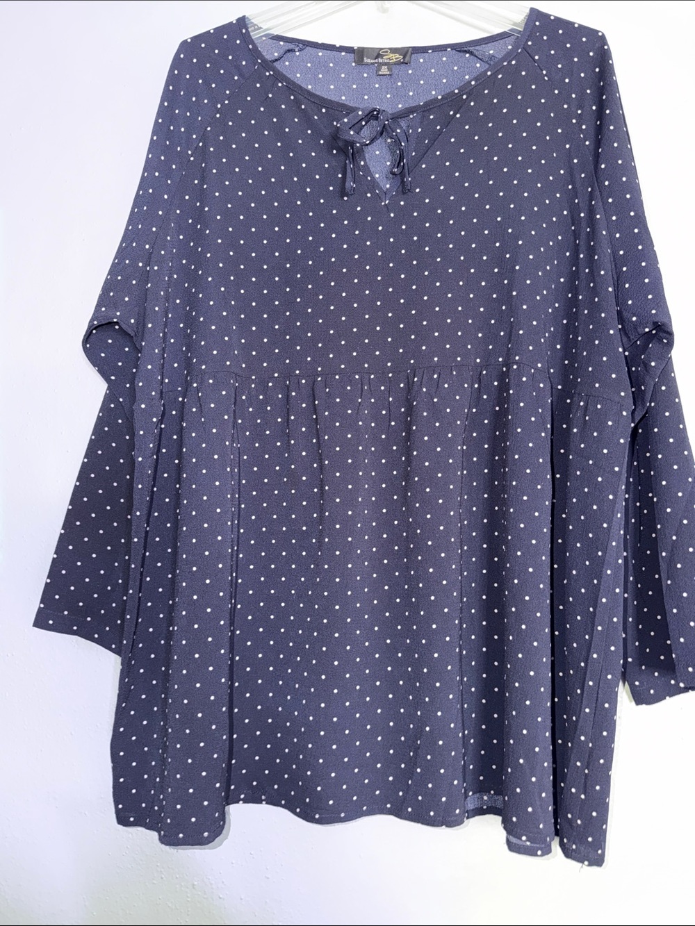Suzanne Betro Navy Polka Dot Tie-Front Peplum Tunic